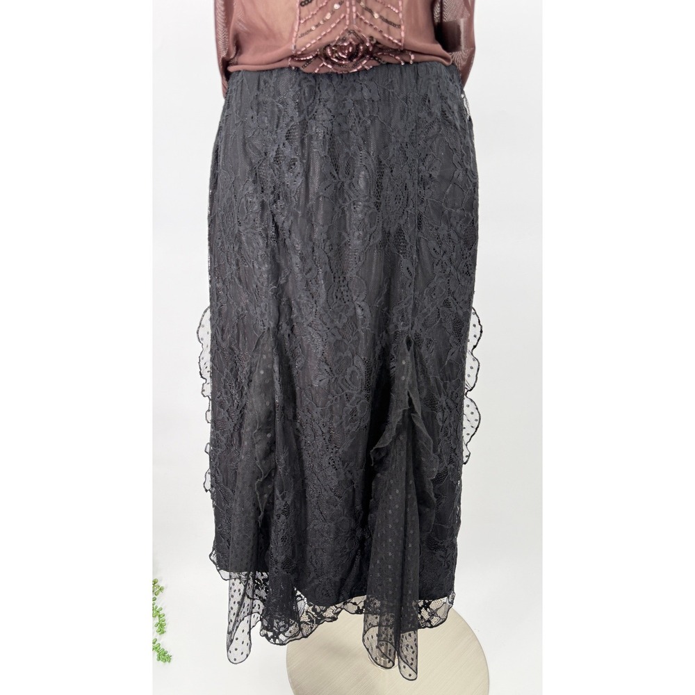 Reclaimed Vintage Skirt Womens 6 Black Lace Midi Ruffle Polka Dot Mesh Goth Boho